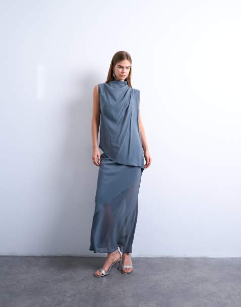Topshop – Niebieska cięta ze skosu satynowa spódnica - view 1