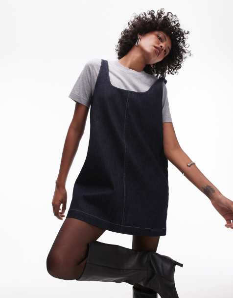 Topshop denim tailored pinafore dress in blue rinse