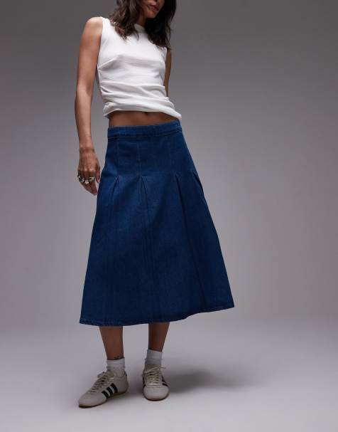 Topshop denim godet midi skirt in mid blue