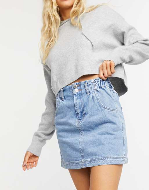 Topshop – Niebieska jeansowa spódnica o fasonie paperbag, z efektem sprania