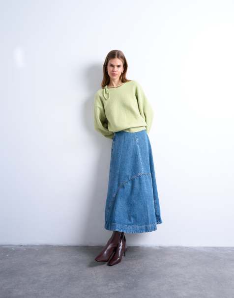 Topshop denim seamed circle skirt in mid blue