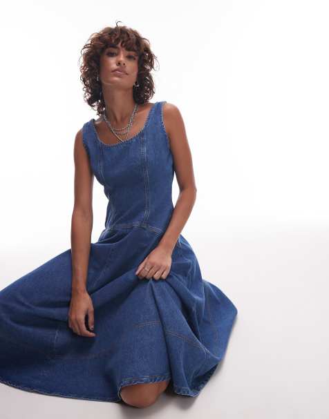 Topshop denim circle dropwaist strappy midi dress in bleach