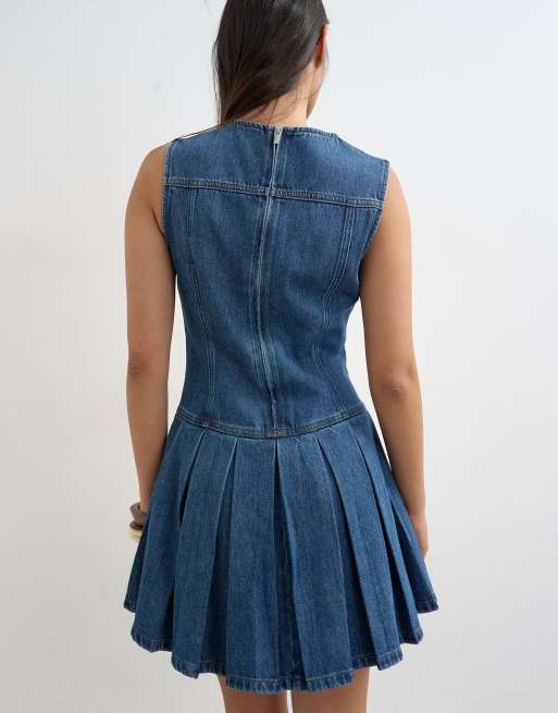 Topshop – Niebieska, jeansowa sukienka mini z plisami, 4 z 4