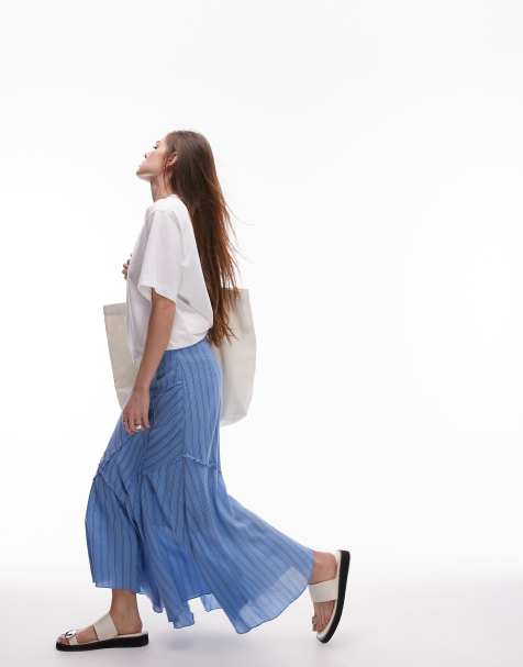 Topshop – Niebieska spódnica z pozszywanych elementów w paski - view 1