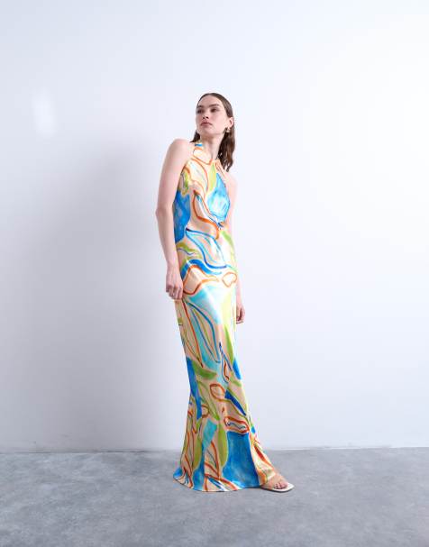 Topshop – Niebieska sukienka maxi z dekoltem typu halter i abstrakcyjnym wzorem - view 1