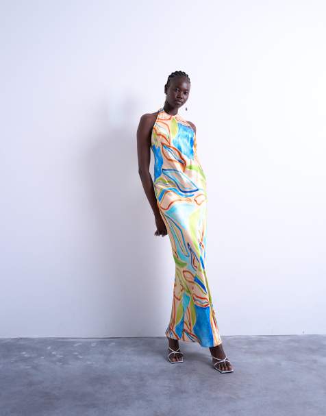 Topshop halter neck maxi dress in blue boutique print