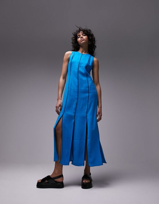 Topshop – Niebieska sukienka midi bez rękawów z kontrastowymi szwami i rozcięciami