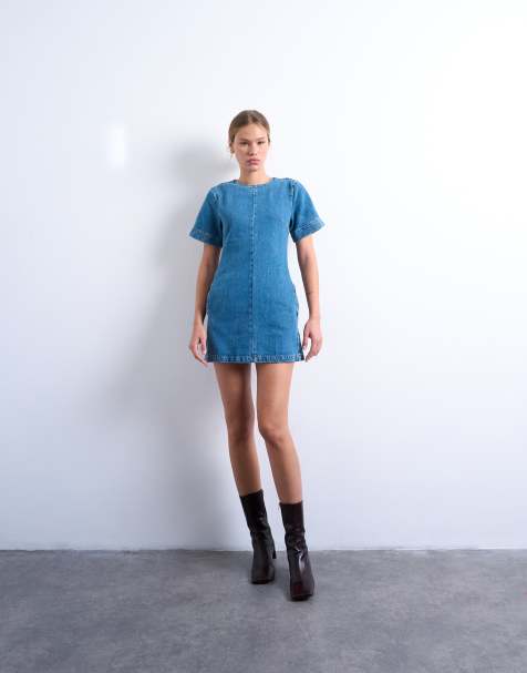 Topshop denim short sleeved structured mini dress in mid blue