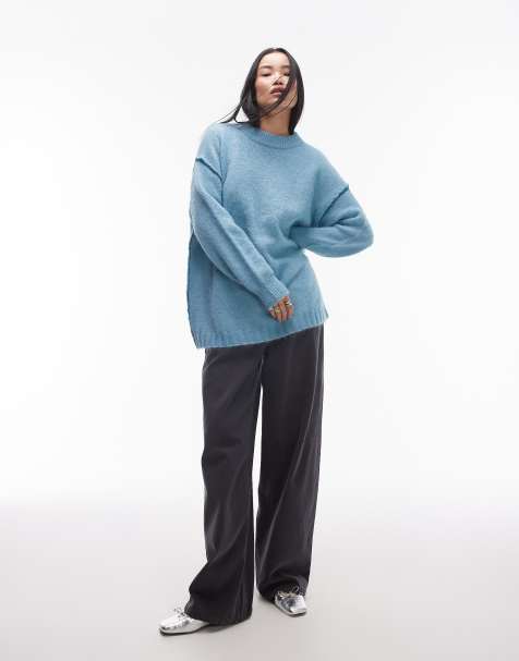 Topshop – Niebieski dzianinowy sweter oversize z kontrastowymi wyeksponowanymi szwami - view 1