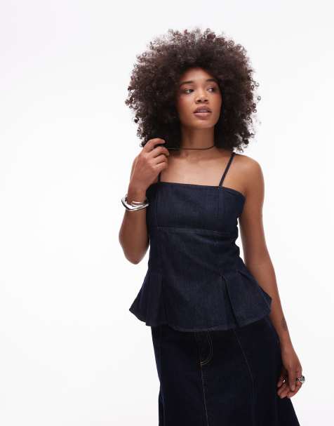 Topshop denim strap peplum top in mid blue