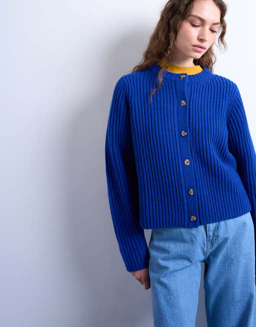 Topshop – Niebieski luźny kardigan z prążkowanej dzianiny z okrągłym dekoltem zapinany na guziki