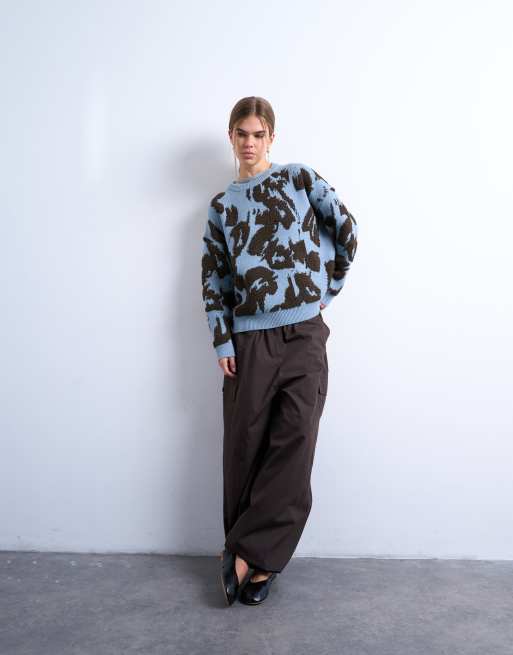 Topshop – Niebieski sweter oversize z pętelkowej dzianiny z fakturowanym wzorem, 3 z 4