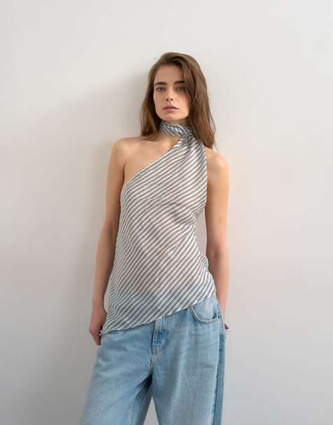 Topshop – Niebieski top w paski z dekoltem halter i szalikiem - view 1