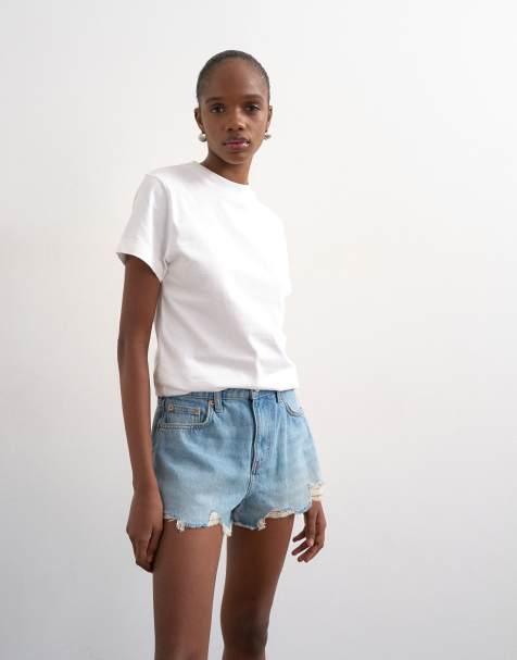 Topshop – Niebieskie bielone szorty jeansowe o trapezowym kroju z rozdarciami - view 1