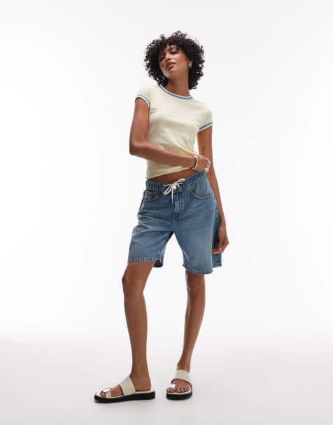 Topshop denim lightweight jogger short in mid blue