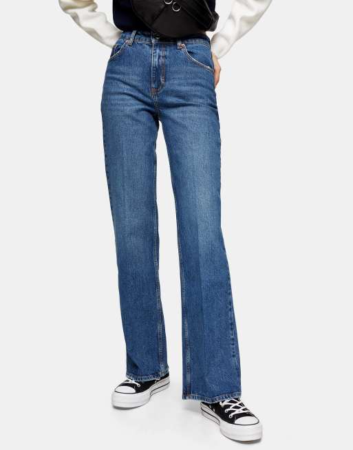 Topshop – Niebieskie jeansy o luźnym kroju ze średnim stanem z rozszerzanymi nogawkami