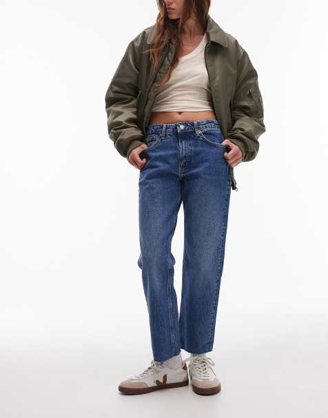 Topshop mid rise straight cropped jean with raw hems in mid blue  