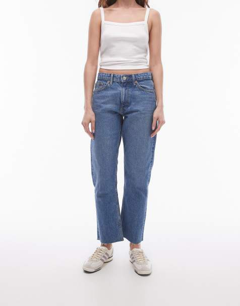 Topshop mid rise straight cropped jean with raw hems in mid blue 