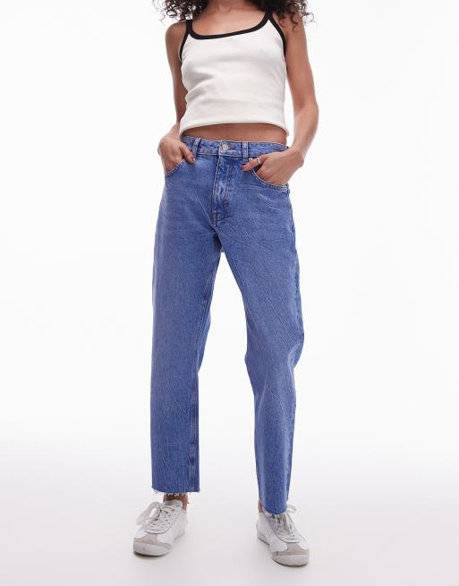 Topshop – Niebieskie jeansy ze średnim stanem i prostymi, krótszymi nogawkami z surowym wykończeniem