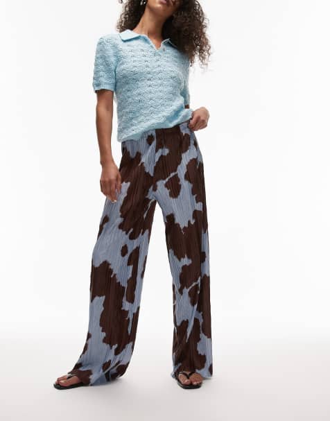 Topshop cow print plisse trousers in blue