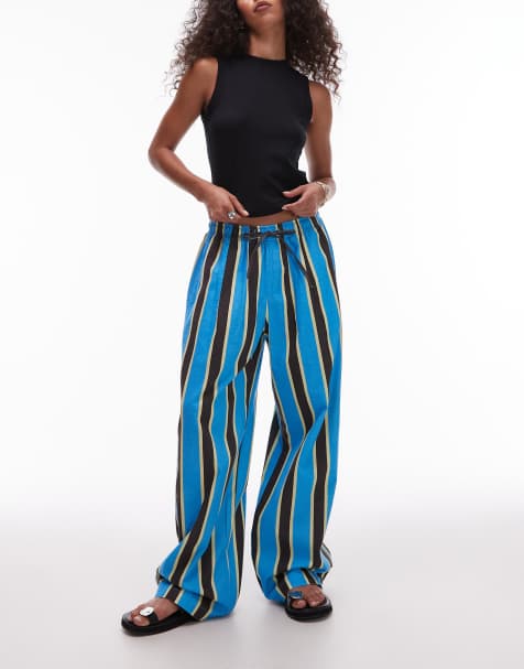 Topshop linen balloon trousers in cobalt stripe