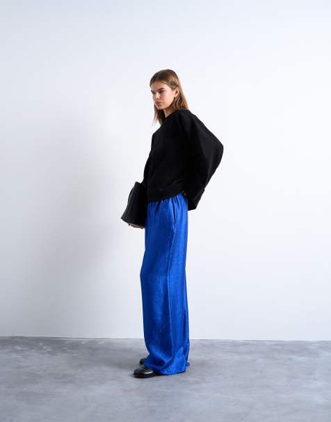 Topshop textured satin straight leg trouser in mid blue