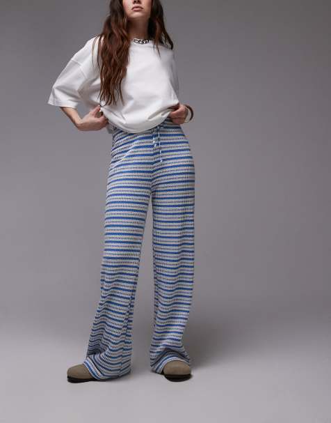 Topshop textured stripe wide leg trousers in blue