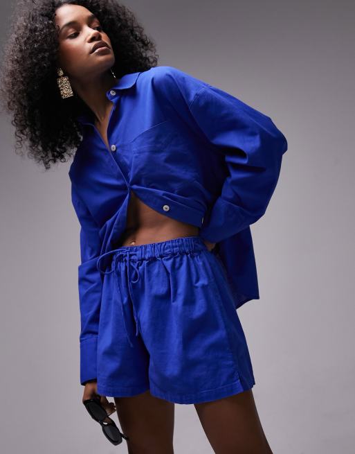 Topshop – Niebieskie szorty plażowe z domieszką lnu, część zestawu