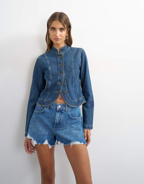 Topshop – Niebieskie trapezowe szorty jeansowe z rozcięciem i efektem znoszenia - view 1
