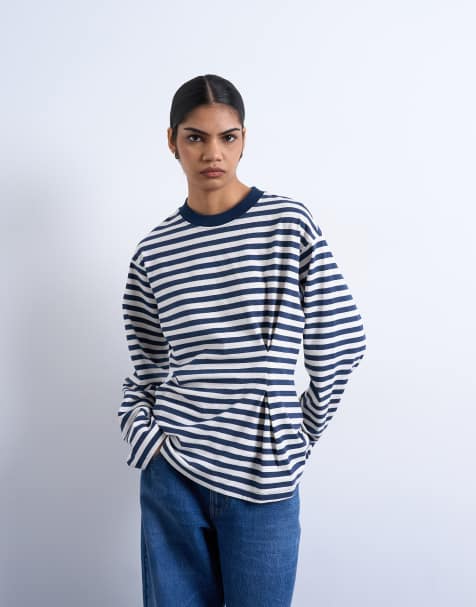 Topshop – Niebiesko-biały prążkowany T-shirt z podkreśloną talią - view 1