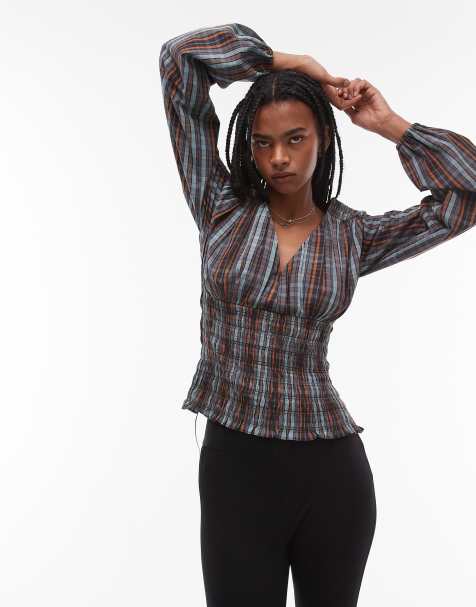 Topshop – Niebiesko-żółty marszczony top w kratę - view 1