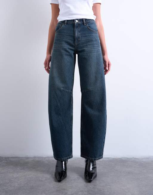Topshop – Niebieskoczarne jeansy z baryłkowymi nogawkami i podwyższonym stanem