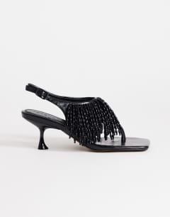 Night beaded toe thong heeled sandal in black
