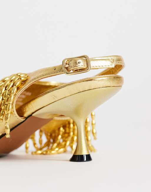 Topshop Night beaded  toe thong heeled sandal in gold, 3 of 4