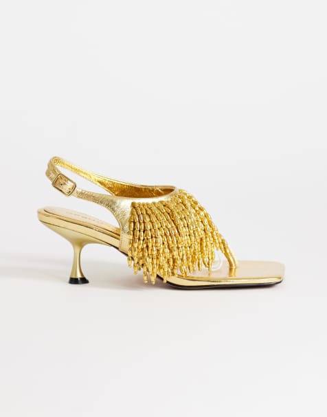 Topshop – Night – Guldfärgade klacksandaler med tårem och pärlor - view 1