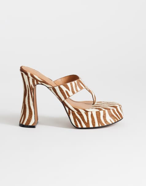Topshop Nima real leather with hair platform heeled toe thong sandals in zebra - view 1