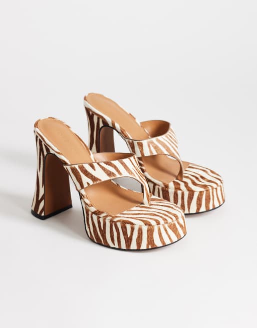 Topshop Nima real leather with hair platform high heeled toe thong sandals in zebra, 2 of 4
