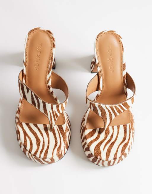 Topshop Nima real leather with hair platform high heeled toe thong sandals in zebra, 3 of 4