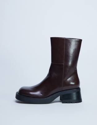 Topshop Nina Chunky Heel Ankle Boots In Brown