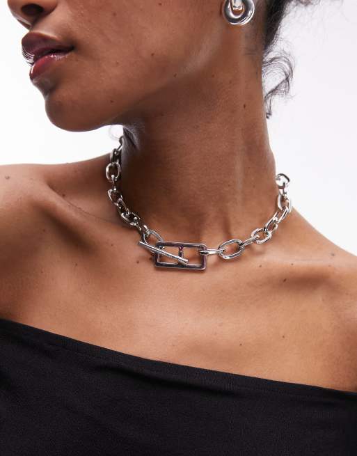 Topshop Nina chunky square link T-bar necklace in silver tone