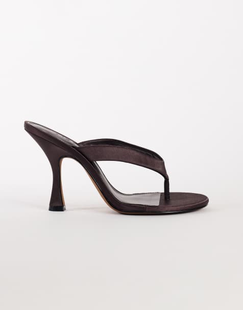 Topshop Nina toe thong heeled sandal in chocolate satin - view 1