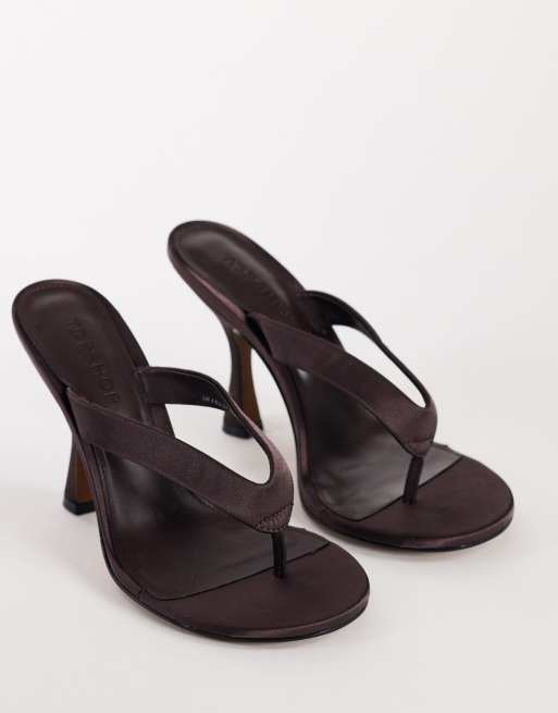 Topshop Nina toe thong heeled sandal in chocolate satin, 2 of 4