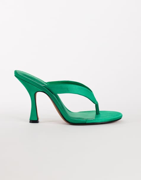 Topshop Nina toe thong heeled sandal in green satin - view 1