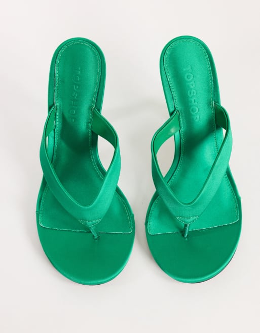 Topshop Nina toe thong heeled sandal in green satin, 2 of 4