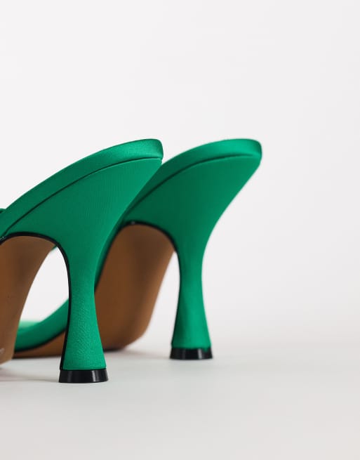 Topshop Nina toe thong heeled sandal in green satin, 3 of 4