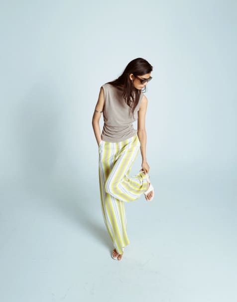 Topshop no waistband linen slouch pants in yellow - view 2