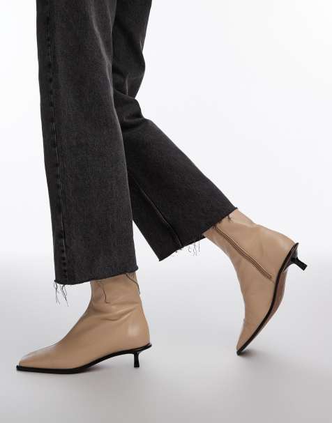 Topshop Noah premium leather heeled smart boot in off white - view 1