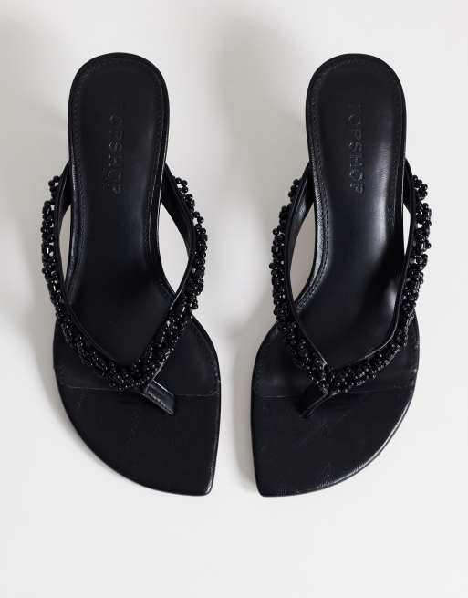 Topshop Nolan beaded toe thong mid heel sandal in black, 2 of 4