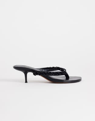 Topshop Nolan Beaded Toe Thong Mid Heel Sandals In Black