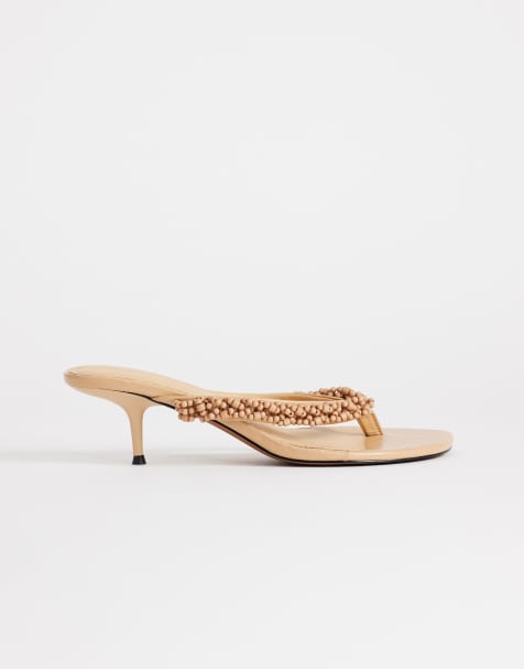 Topshop Nolan beaded toe thong mid heel sandals in camel - view 1